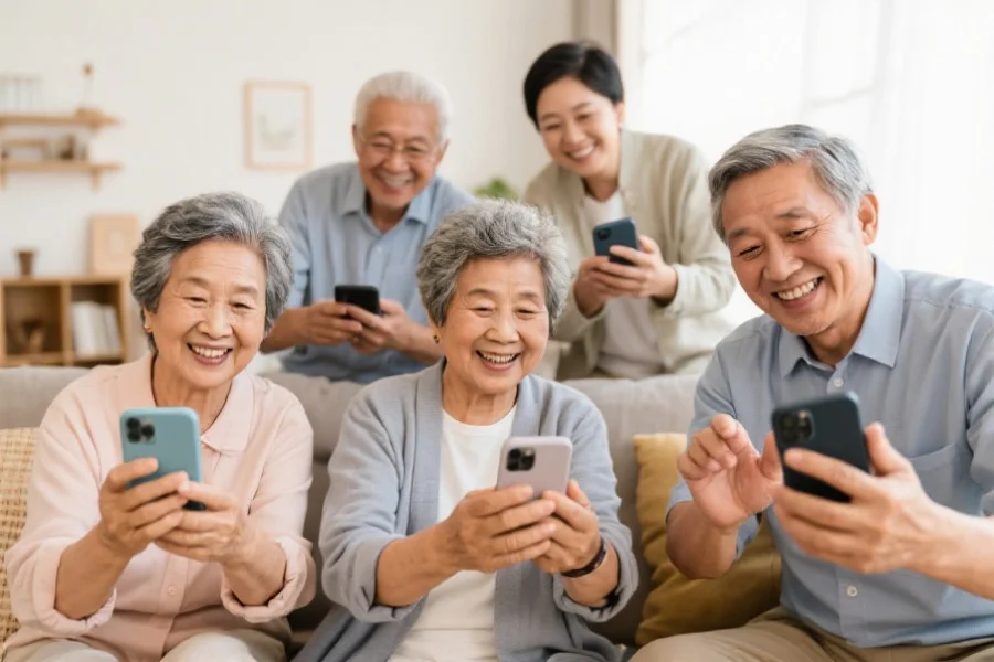 多位不同年龄的用户在舒适的家庭环境中使用手机APP，脸上露出满意的笑容