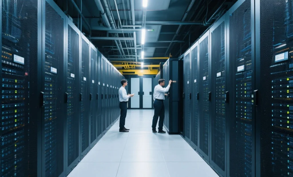 现代数据中心机房内部，服务器机柜整齐排列，工作人员在检查设备