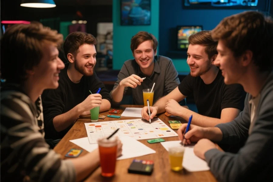 一群玩家围坐在桌前讨论游戏策略，桌上有纸笔和饮料，气氛轻松愉快