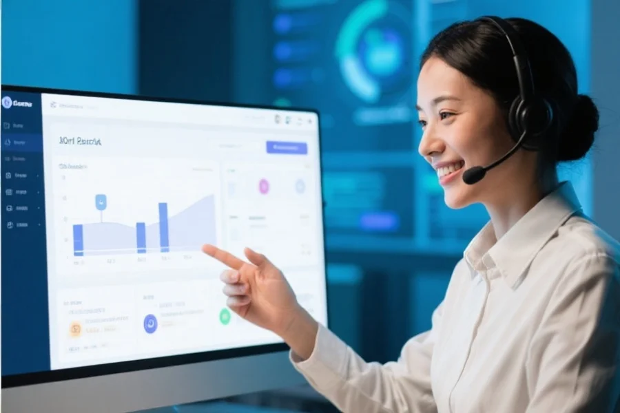 友善的在线客服代表正在耐心指导用户，背景为数字化娱乐平台界面