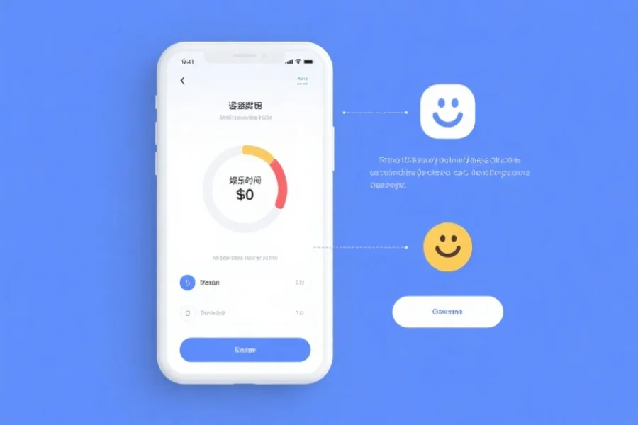 一张简洁明了的图示，展示用户在手机上设置娱乐时间和金额限额，界面友好，旁边有温馨提示和笑脸图标